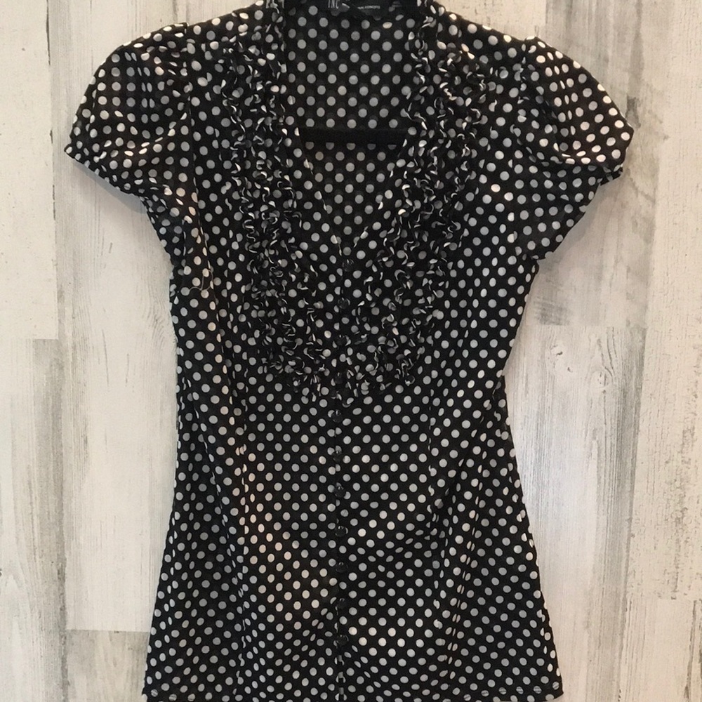 INC  black and white polkadot ruffle blouse size M